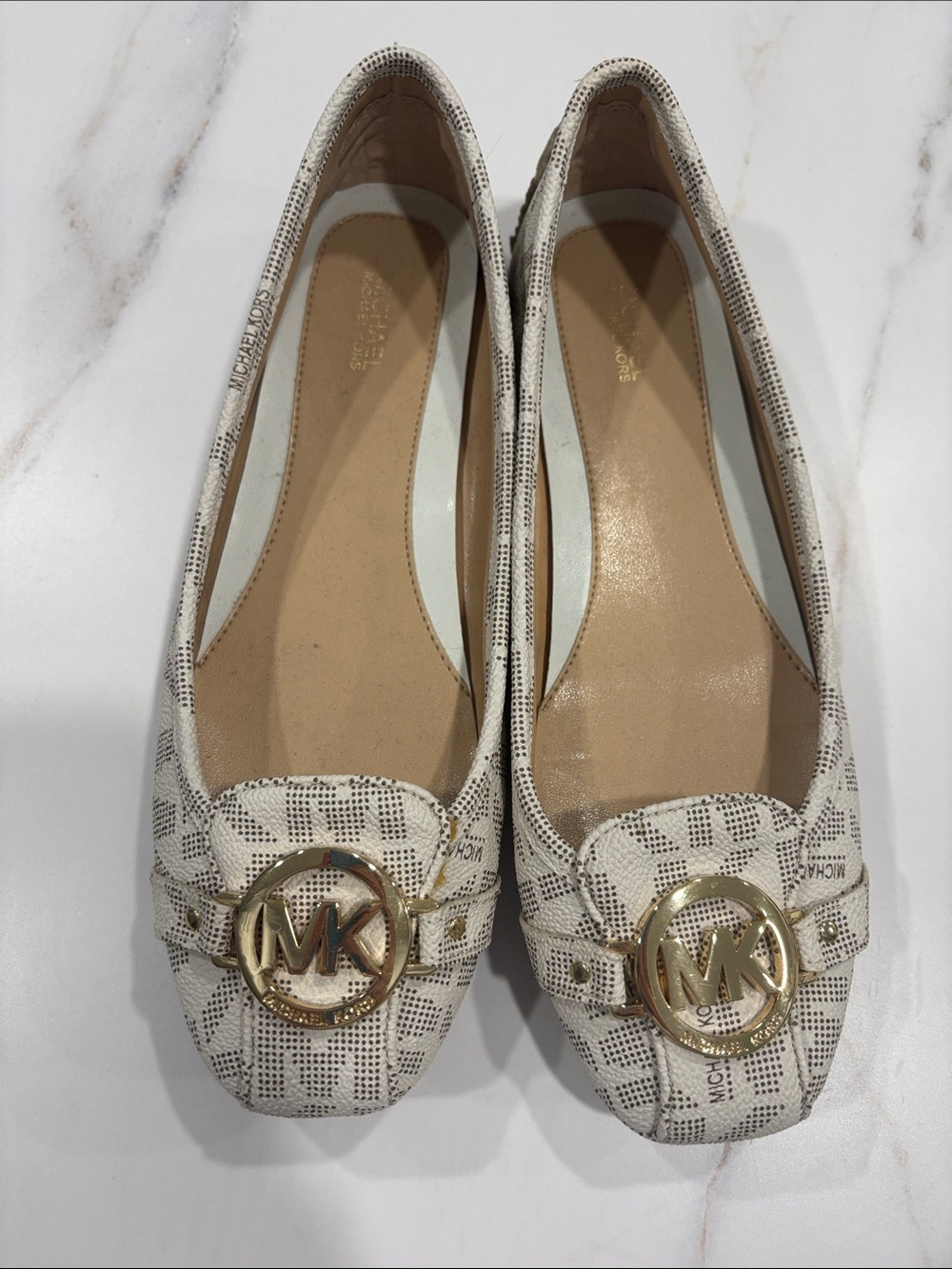Michael Kors Cream Logo Ballet Flats with Gold MK Medallion